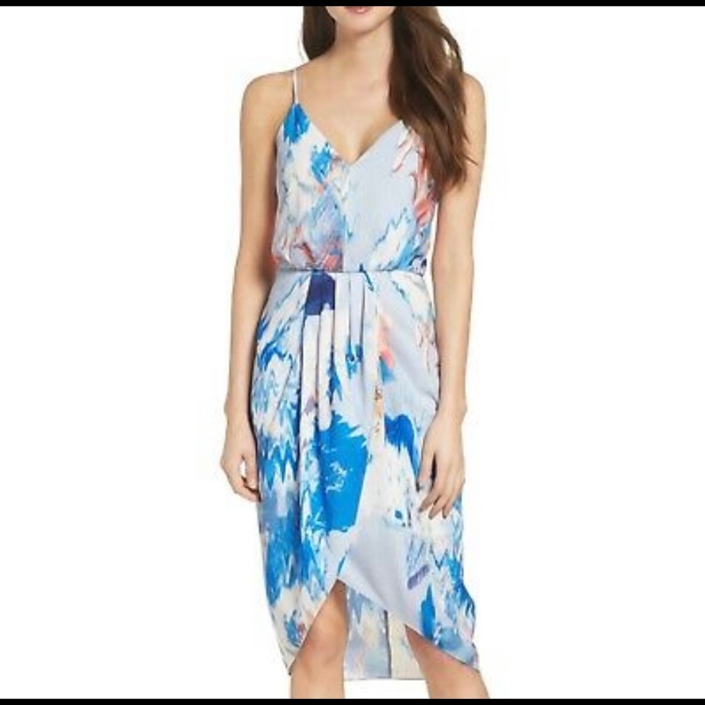 Chelsea28 Print Faux Wrap Dress in Blue Watercolor Floral Print Size 6